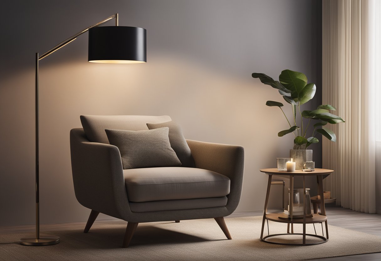 A sleek, modern floor lamp stands next to a cozy armchair in a minimalist living room, casting a warm glow over the space