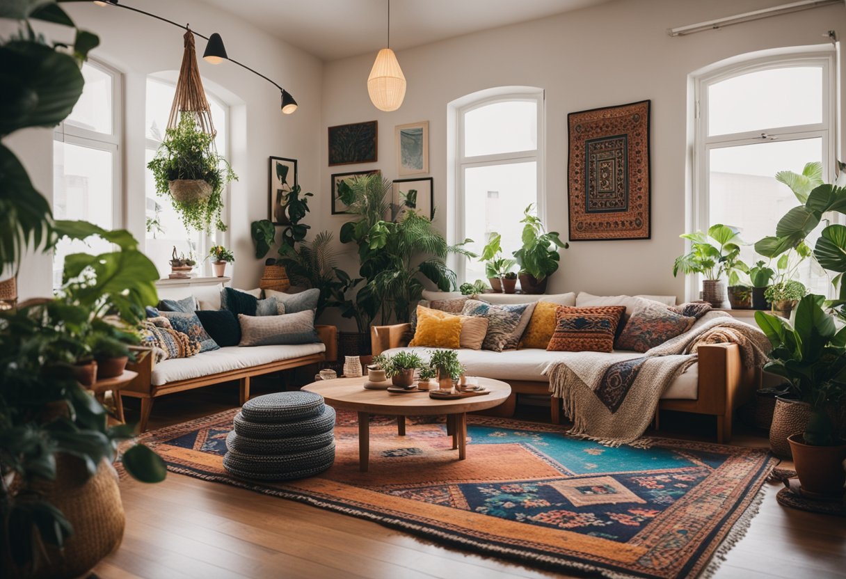 A cozy bohemian living room with vibrant rugs, floor cushions, and hanging plants. A low wooden table holds books and candles, while tapestries and art adorn the walls