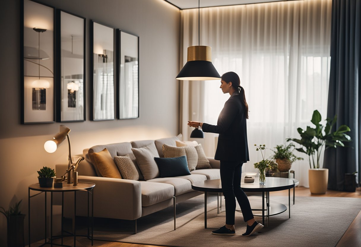 A person in a living room, carefully choosing a stylish lamp design from a variety of options on display