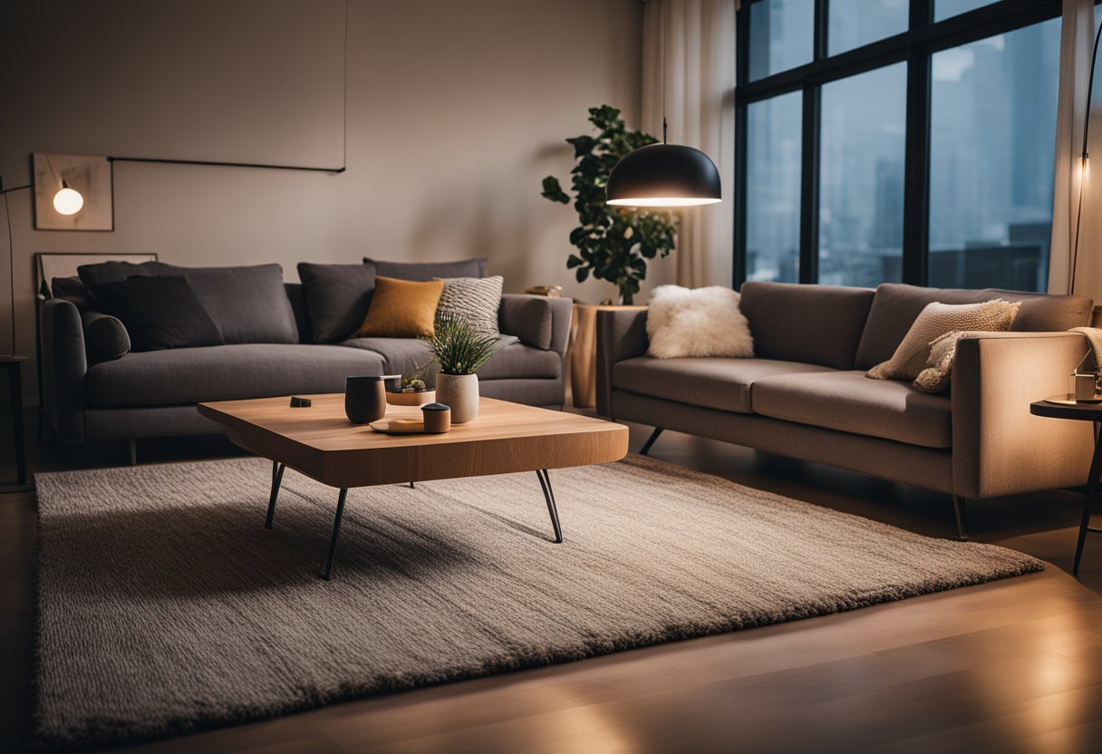 A cozy living room with a modern floor lamp casting a warm glow on a comfortable sofa and a plush rug