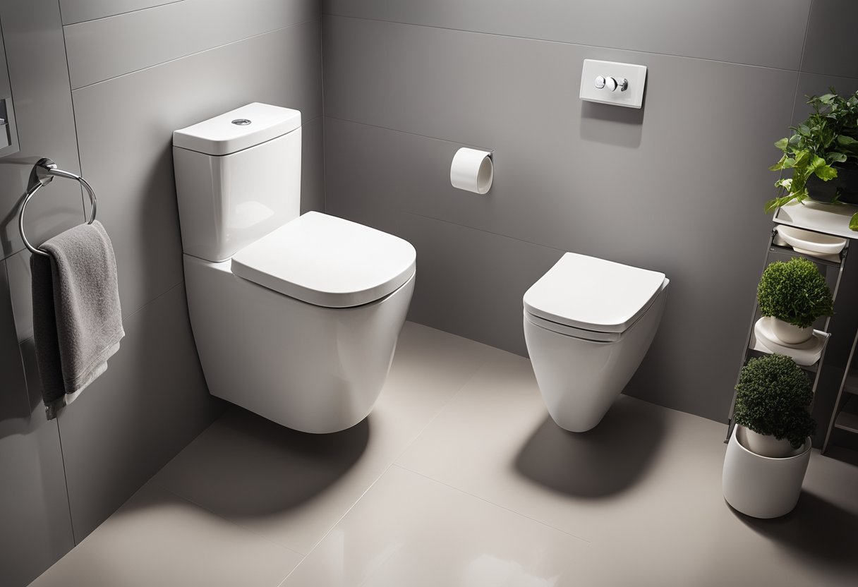 A small, sleek toilet with modern fixtures in a compact bathroom space with efficient use of storage and space-saving design elements