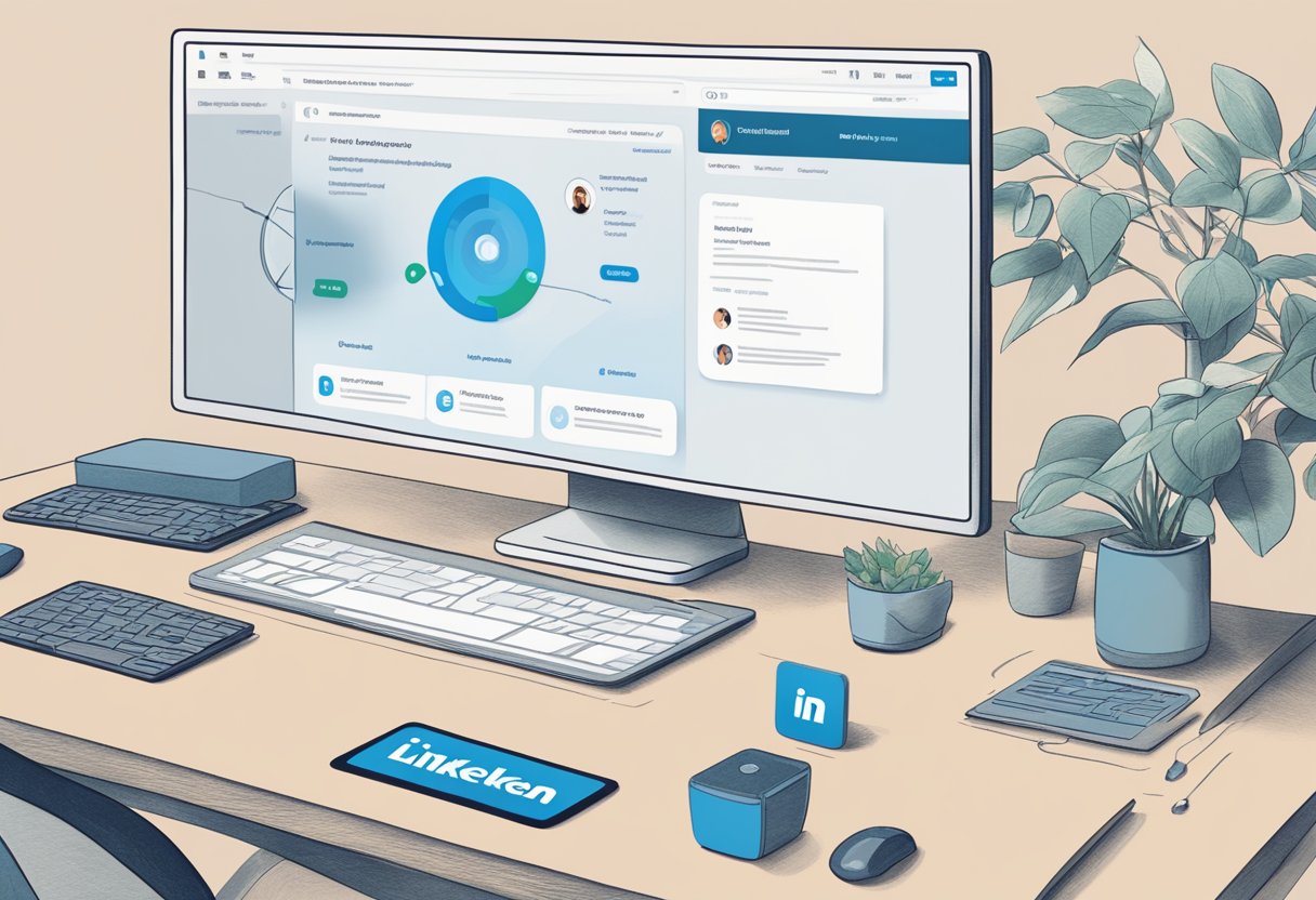 A computer screen displays LinkedIn Matched Audiences tool with precise targeting options. A hand hovers over a mouse, ready to click