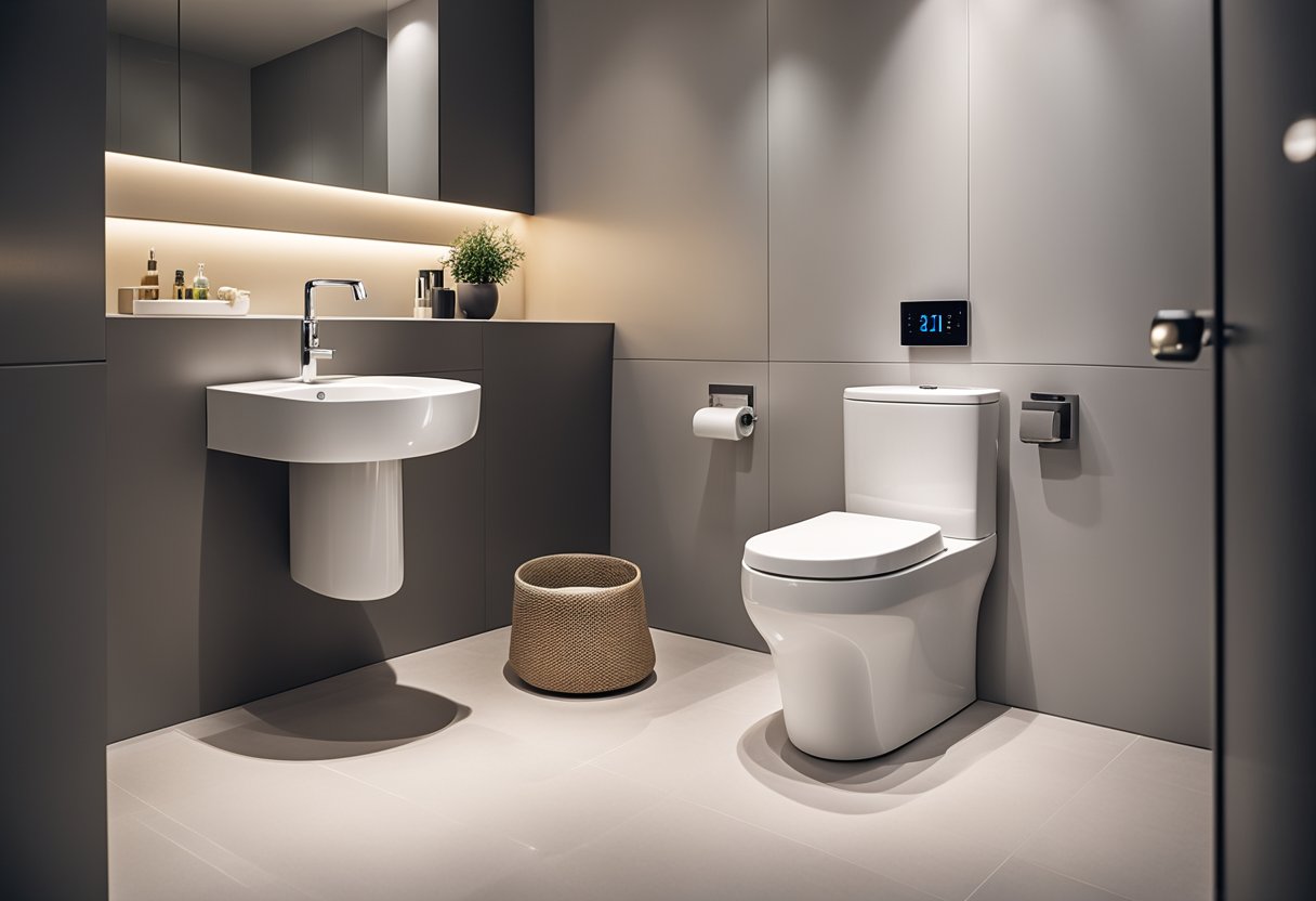 A small, modern toilet with a sleek design and minimalistic features, placed in a clean and well-lit bathroom setting