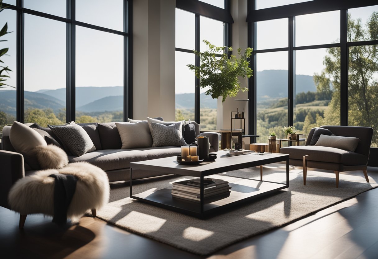 A cozy living room with modern chairs arranged around a sleek coffee table, with soft lighting and a large window overlooking a scenic view