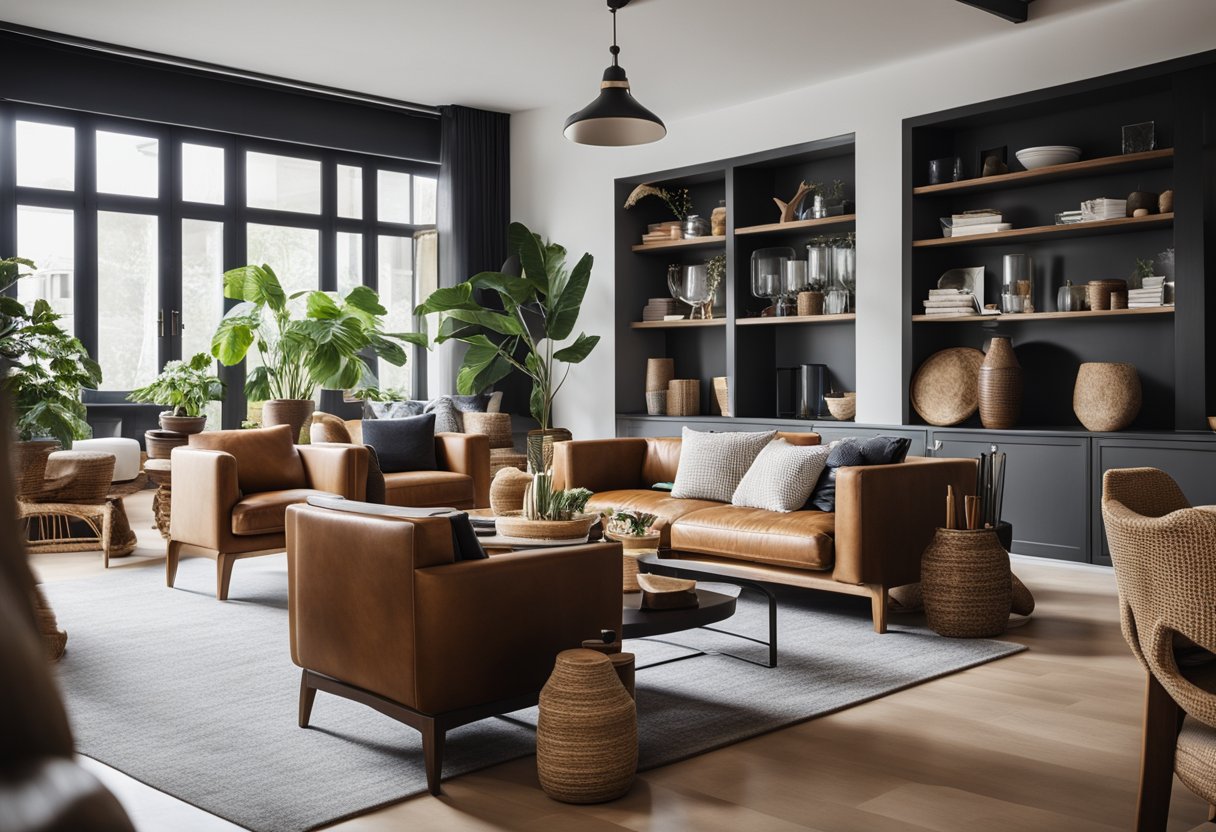 A cozy living room with various chair styles and materials displayed, including upholstered armchairs, sleek modern designs, and rustic wooden chairs