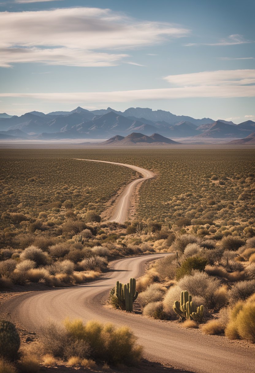 A winding road stretches across vast desert plains, leading from Waco to Santa Fe. Mountains loom in the distance, while cacti dot the arid landscape