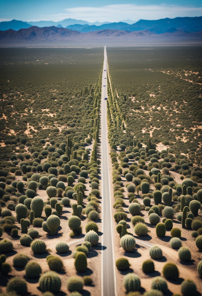 A winding highway stretches through desert and mountains, leading from Waco to Santa Fe. Cacti dot the landscape, and a bright blue sky looms overhead