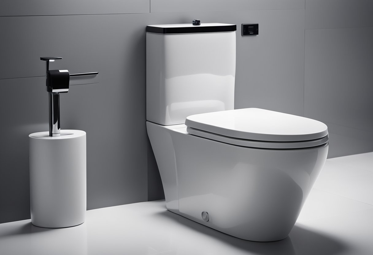 A sleek, modern toilet with black and white color scheme, clean lines, and minimalist design