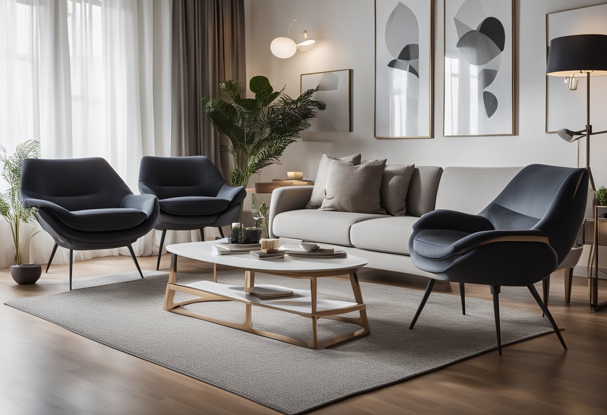 A cozy living room with modern, ergonomic chairs arranged for conversation and relaxation. Comfortable cushions and sleek designs promote function and style