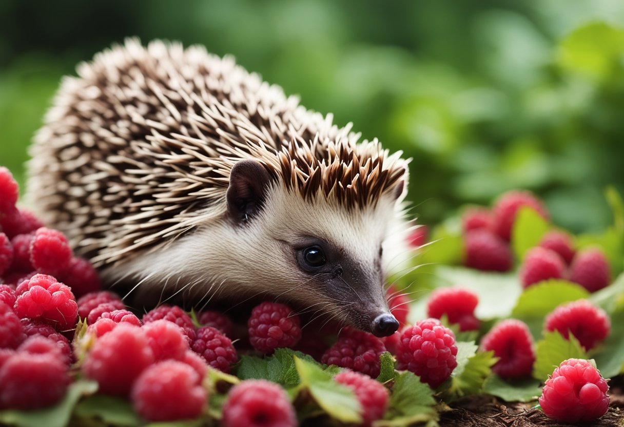 A hedgehog eagerly munches on a pile of fresh raspberries, its tiny paws stained with the juice as it happily feasts on the sweet fruit