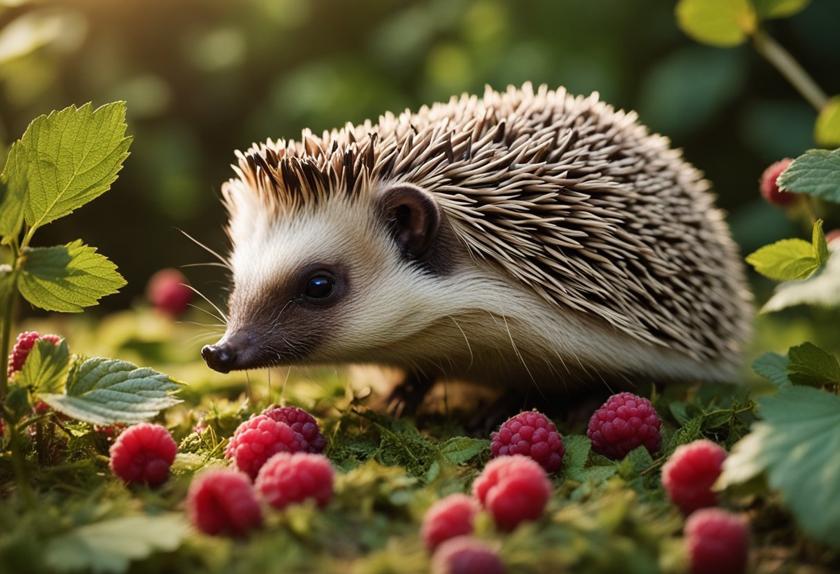 A hedgehog sniffs a pile of raspberries, its nose twitching with curiosity