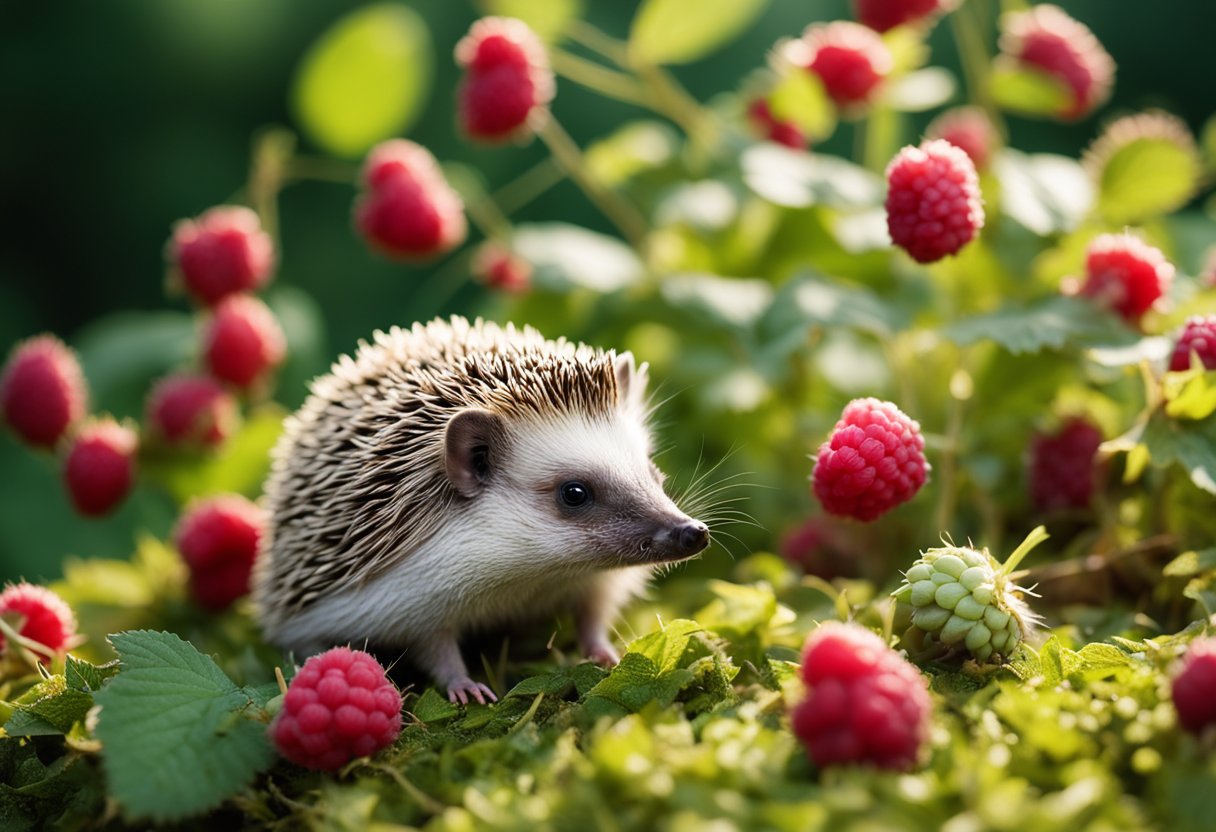 A hedgehog nibbles on raspberries in a lush garden setting