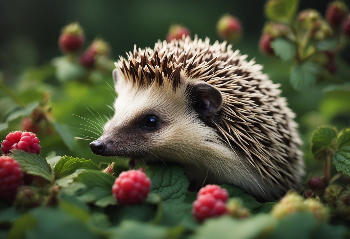 A hedgehog sits surrounded by raspberries, munching on the juicy fruit
