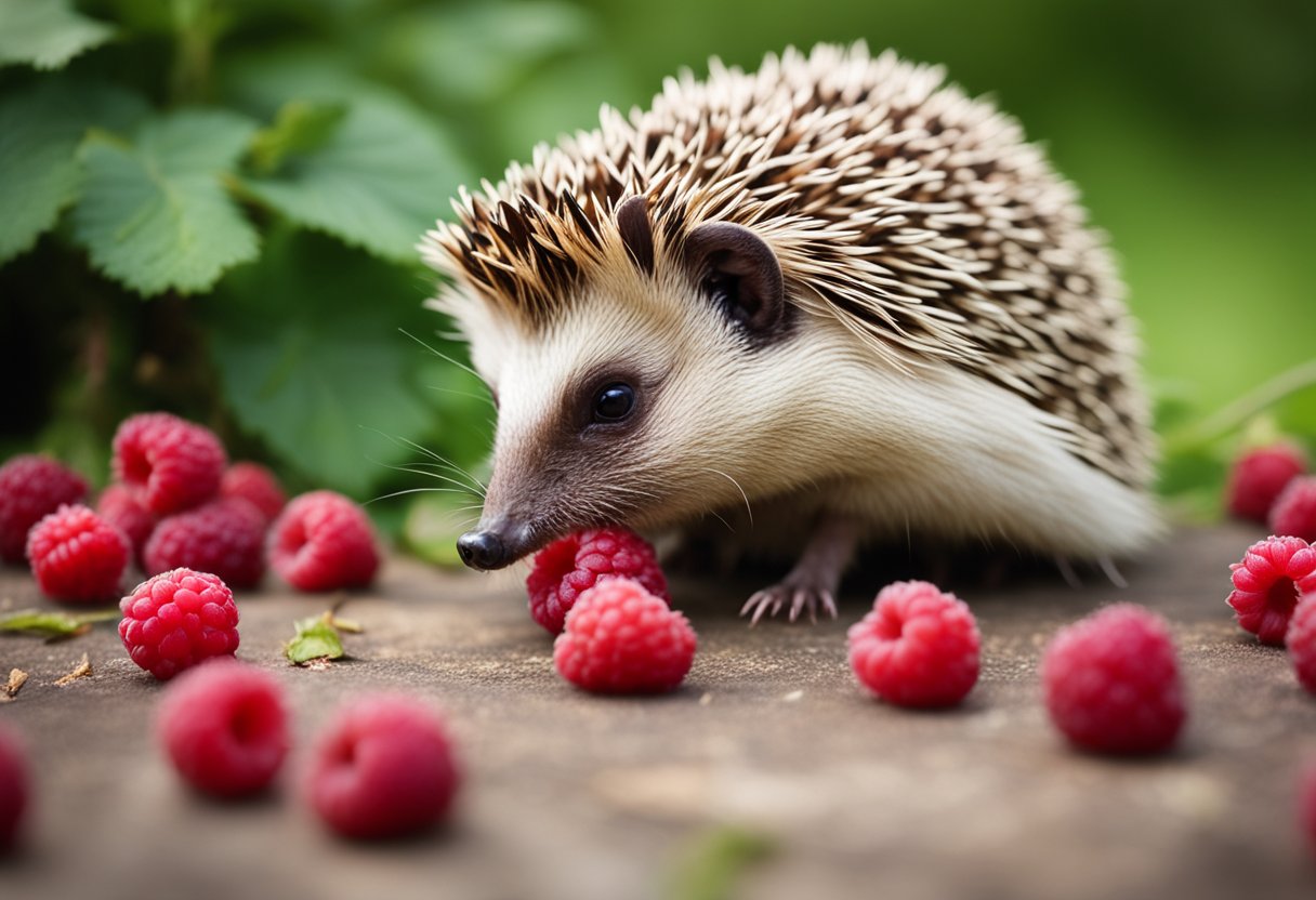 A hedgehog sniffs a pile of fresh raspberries, its nose twitching with curiosity