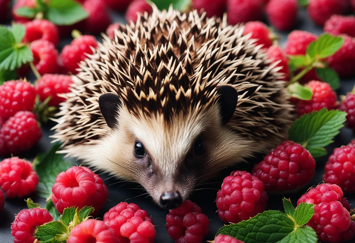 A hedgehog surrounded by raspberries, sniffing and nibbling on the juicy fruit