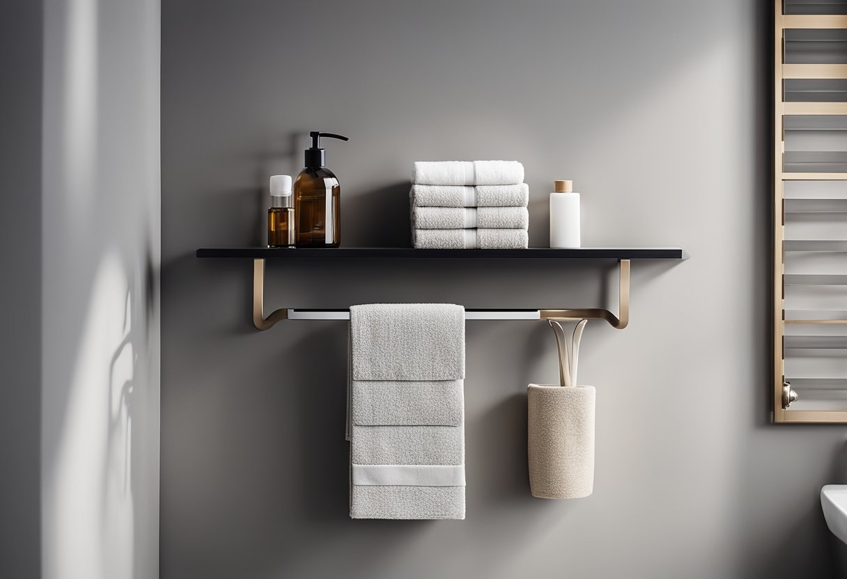 A sleek, modern toilet rack hangs on the wall, featuring clean lines and minimalist design. It holds neatly folded towels and a few decorative items, adding a touch of style to the bathroom