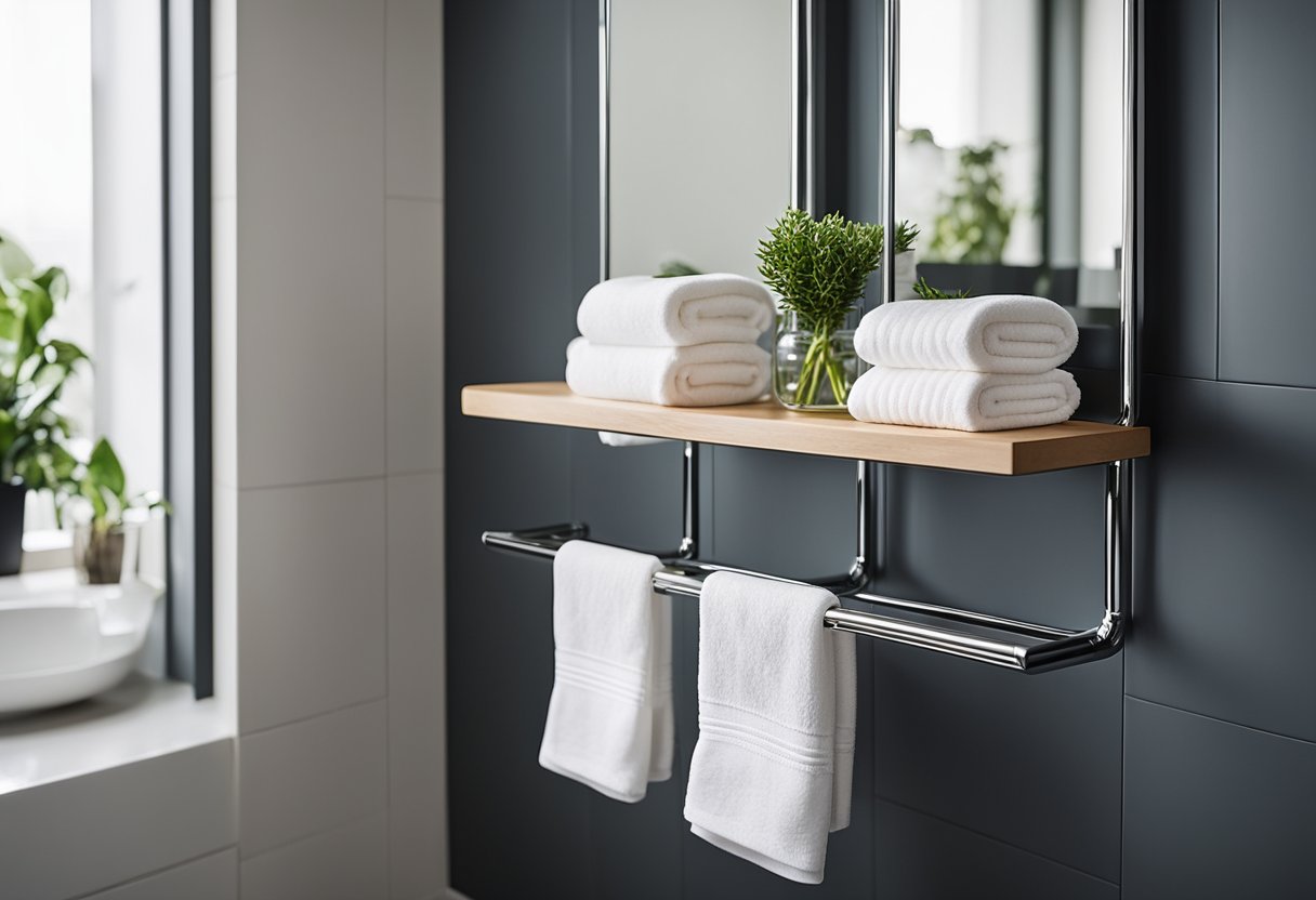 A compact toilet rack hangs above the toilet, holding toiletries and towels. The sleek design maximizes space in the small bathroom