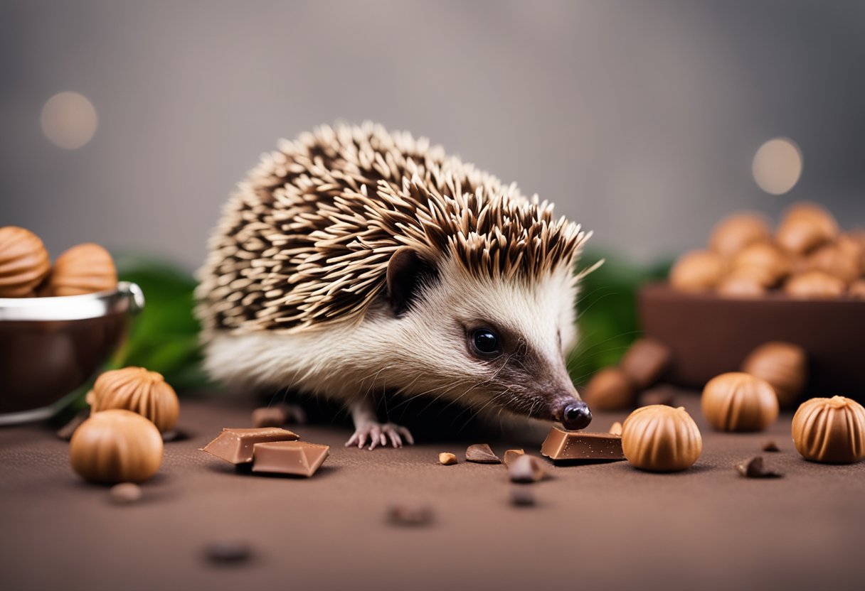 A hedgehog examines a piece of chocolate, sniffing and nuzzling it cautiously