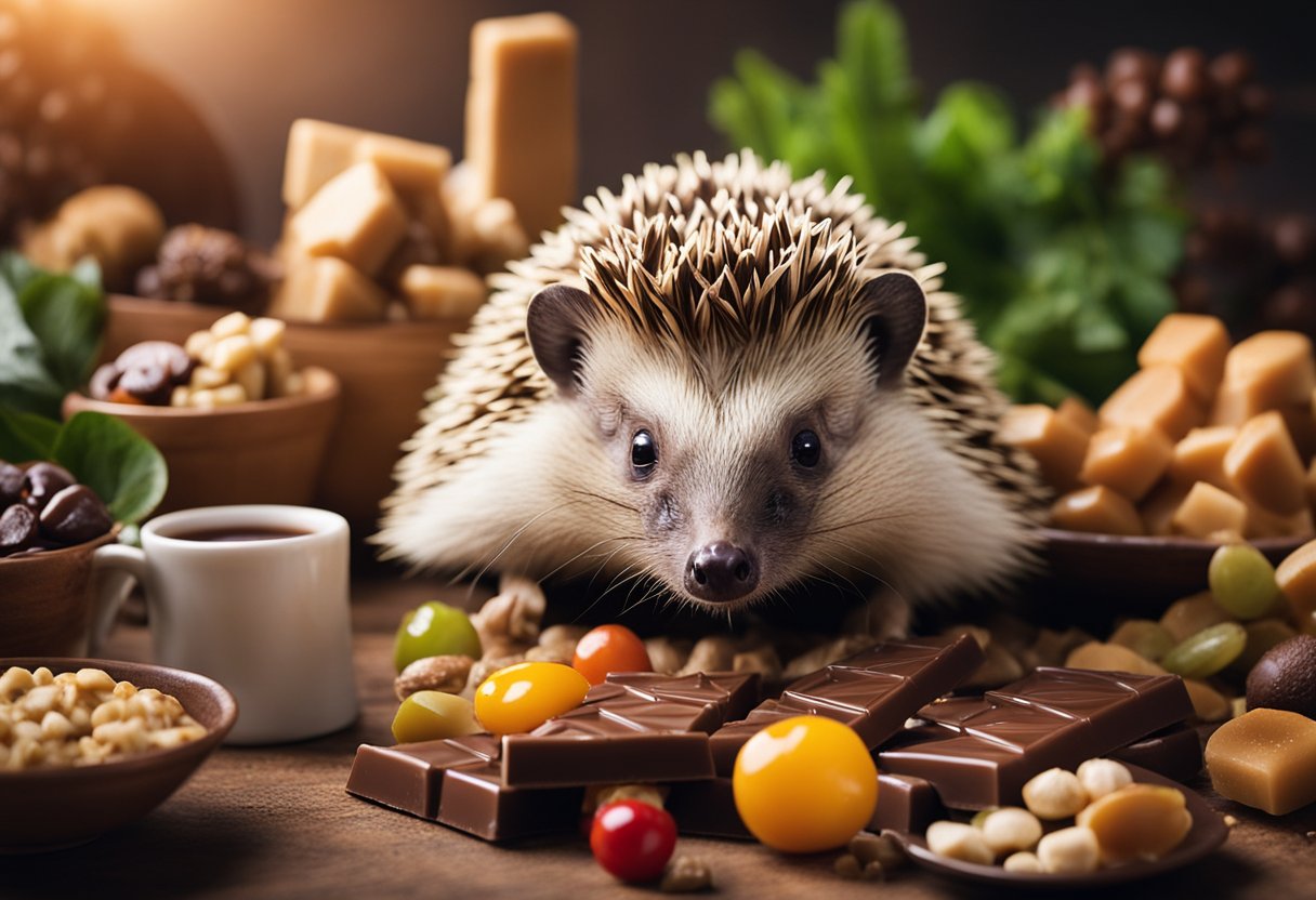 A hedgehog surrounded by various food items, with a clear "X" over a chocolate bar, indicating that hedgehogs cannot eat chocolate