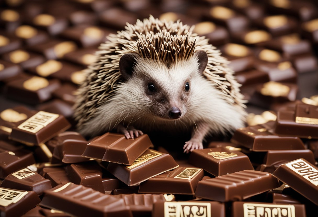 A hedgehog surrounded by chocolate bars and a warning sign