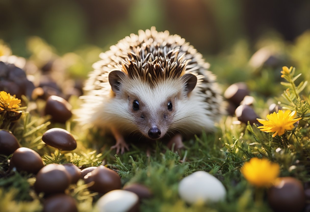 A hedgehog surrounded by a variety of resources, including chocolate, with a curious expression on its face