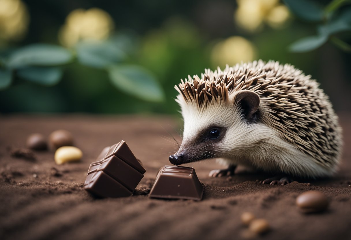 A hedgehog sitting near a piece of chocolate, sniffing it cautiously