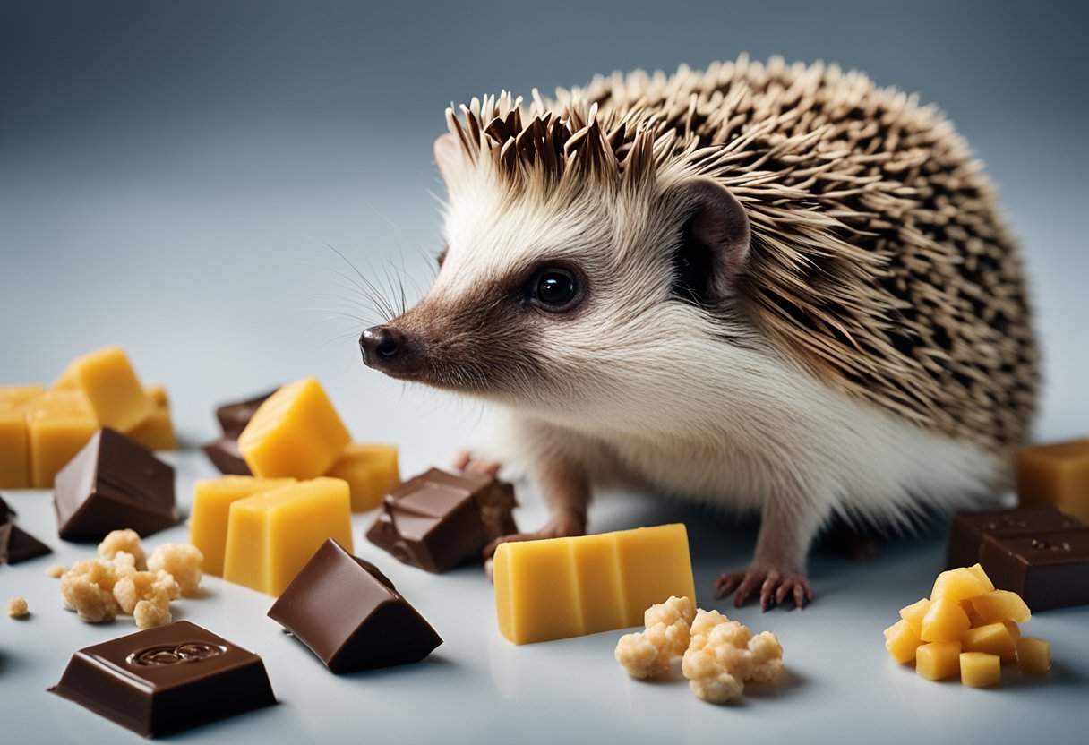 A hedgehog surrounded by various food items, with a chocolate bar in the foreground and a question mark hovering above its head