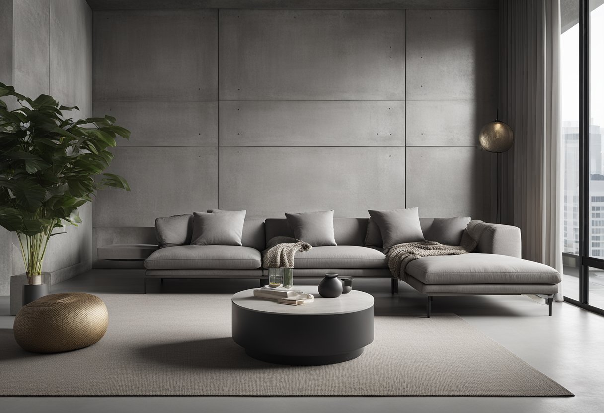 A modern concrete living room with sleek furniture, large windows, and minimal decor. A statement concrete wall adds texture and depth to the space