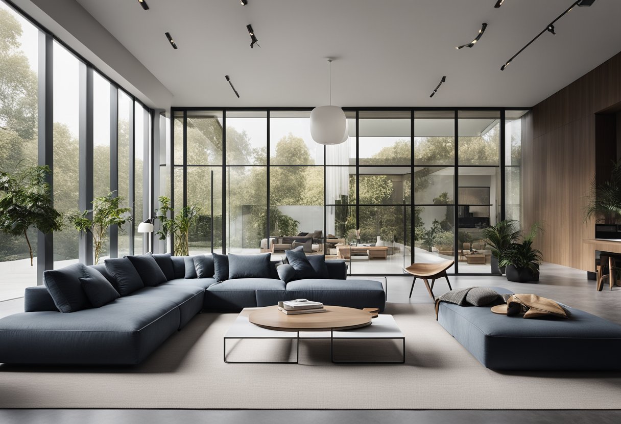 A modern, minimalist living room with sleek concrete floors, a large, comfortable sofa, and a statement coffee table. The room is flooded with natural light from floor-to-ceiling windows, creating a warm and inviting atmosphere