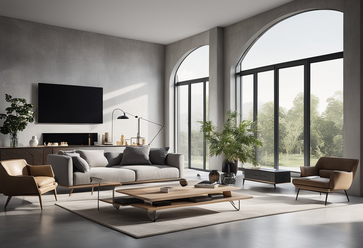 A modern living room with a concrete floor, sleek furniture, and minimalist decor. Large windows let in natural light, creating a bright and airy space