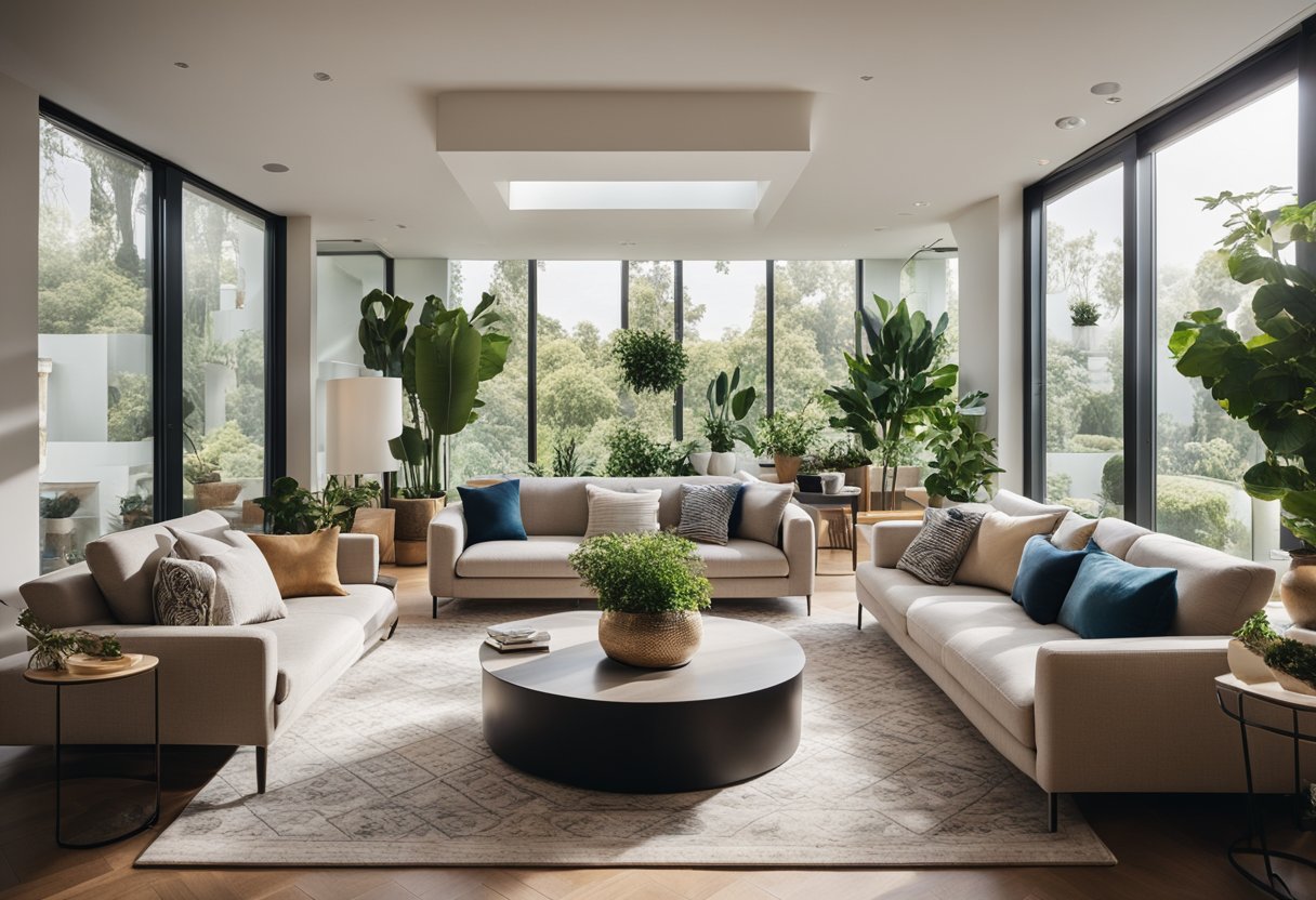 A modern living room with a large, comfortable sofa, a sleek coffee table, and a cozy rug. The room is filled with natural light from the large windows, and there are potted plants and decorative artwork on the walls