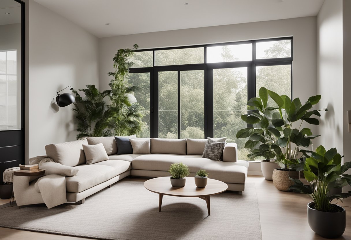 A modern living room with a neutral color palette, clean lines, and minimalist furniture. Large windows let in natural light, and plants add a touch of greenery