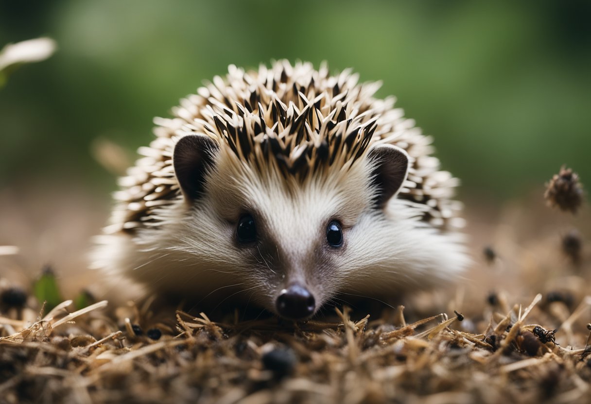 A hedgehog scratching fur while small insects jump off