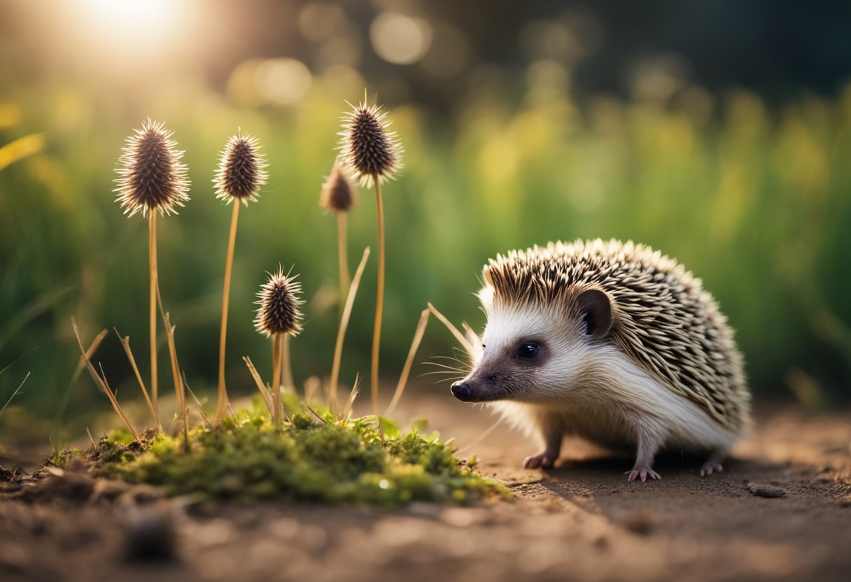 A hedgehog examines its quills for fleas while a curious flea hops nearby