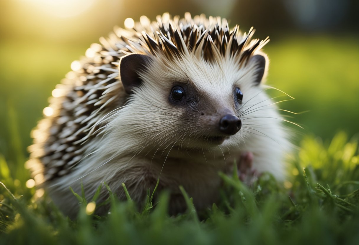 A hedgehog sits on green grass, scratching at its fur. Fleas jump around the hedgehog's spines. A bottle of flea treatment sits nearby