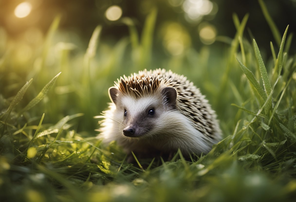 A hedgehog surrounded by grass and leaves, scratching at its fur with fleas jumping around it