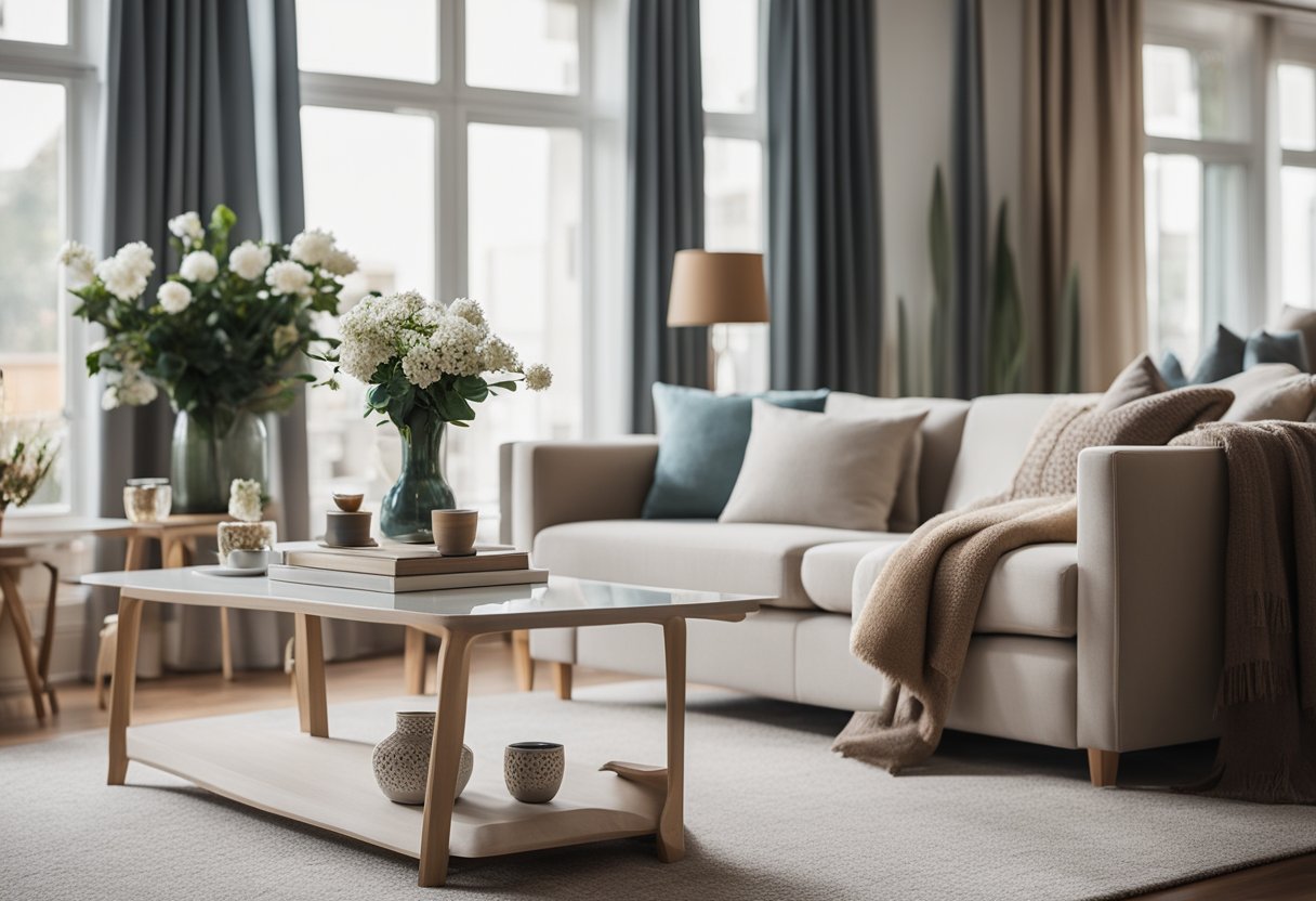 A cozy living room with a plush rug, decorative pillows on a comfortable sofa, a stylish coffee table with a vase of flowers, and elegant curtains framing the windows