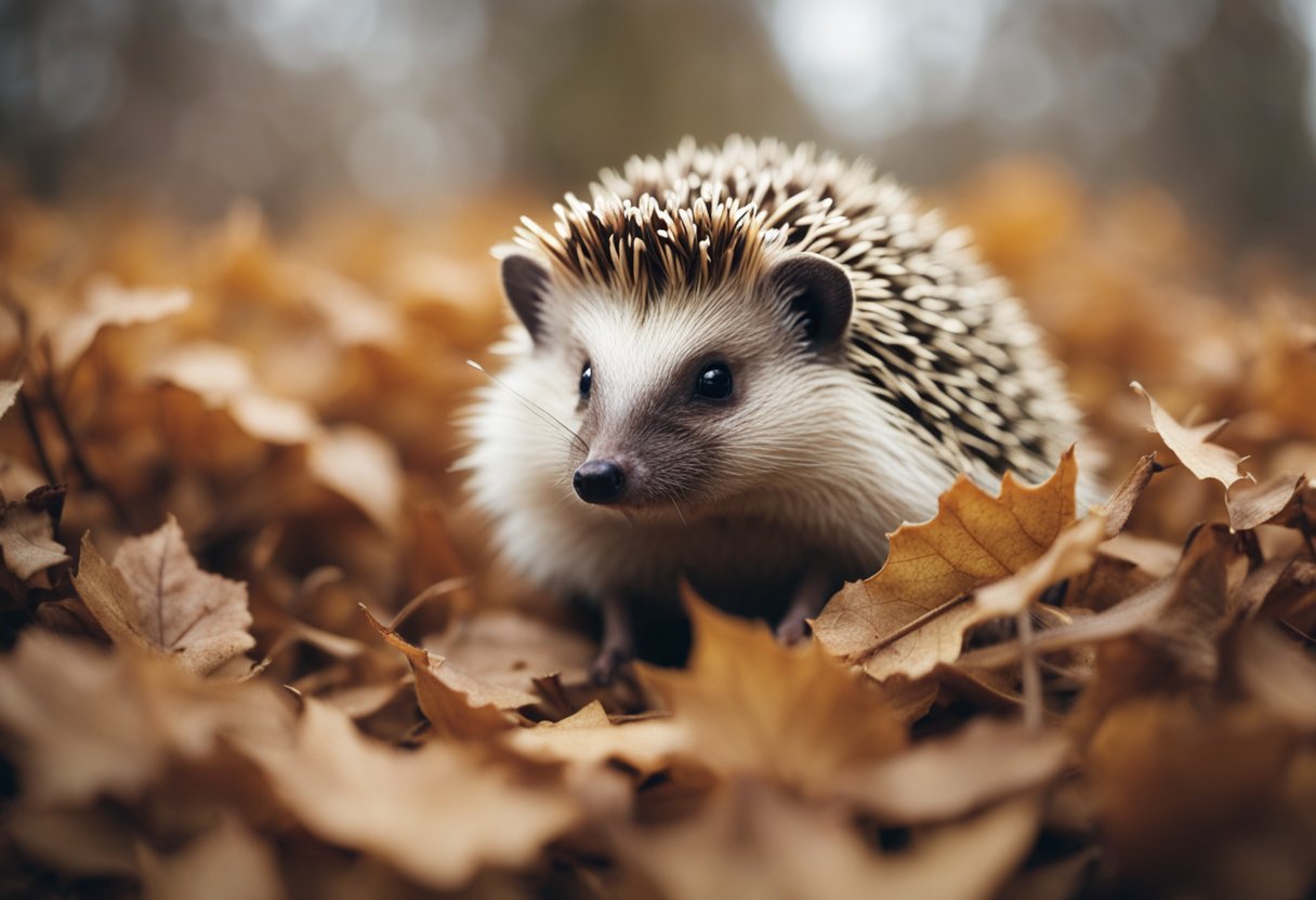 A hedgehog sits on a bed of dry leaves, scratching at its fur. Fleas jump off its back, while the hedgehog looks uncomfortable