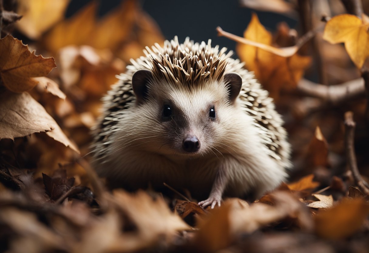 A hedgehog sits in a cozy den, surrounded by fallen leaves and twigs. It scratches at its quills, seeming bothered. A few small fleas can be seen jumping around in its fur