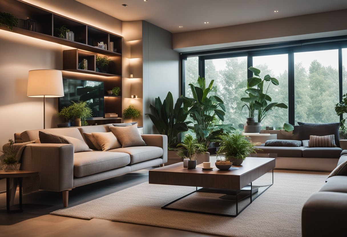 A cozy living room with modern furniture, warm lighting, and a large bookshelf. A comfortable sofa faces a sleek TV unit, while plants add a touch of nature to the space