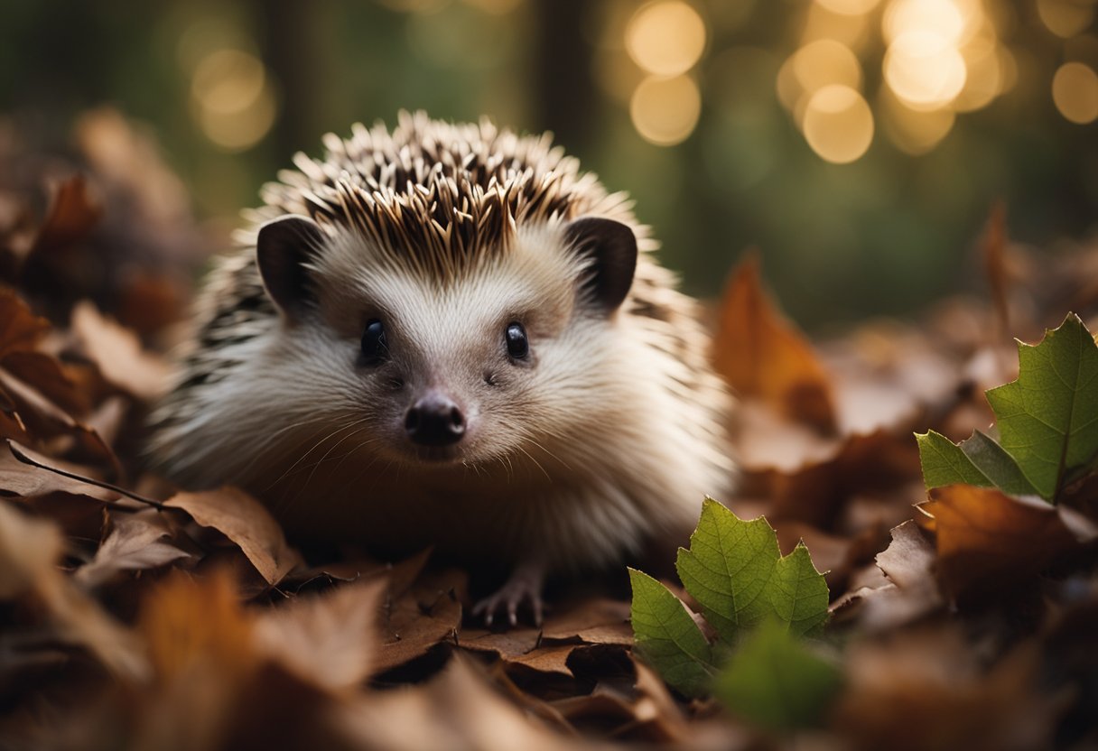 A hedgehog nestled in a cozy bed of soft, dry bedding material, surrounded by leaves and twigs in a natural woodland setting