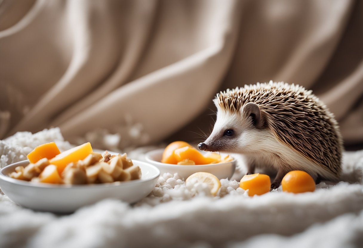 A hedgehog nestled in a cozy bed of soft, absorbent bedding material, surrounded by a few scattered pieces of food and a small water dish