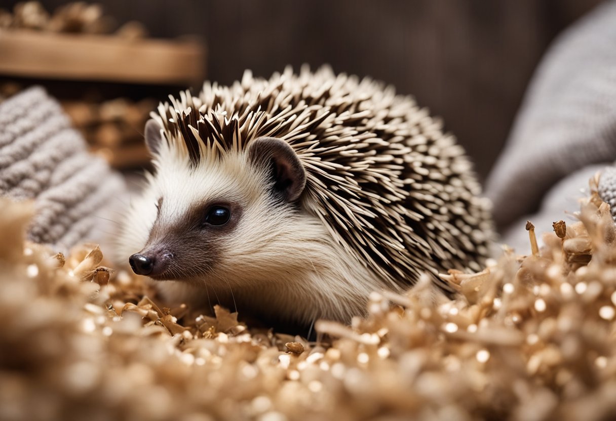 A hedgehog's bedding is being arranged in a cozy enclosure, with soft, absorbent material being spread out to create a comfortable sleeping area