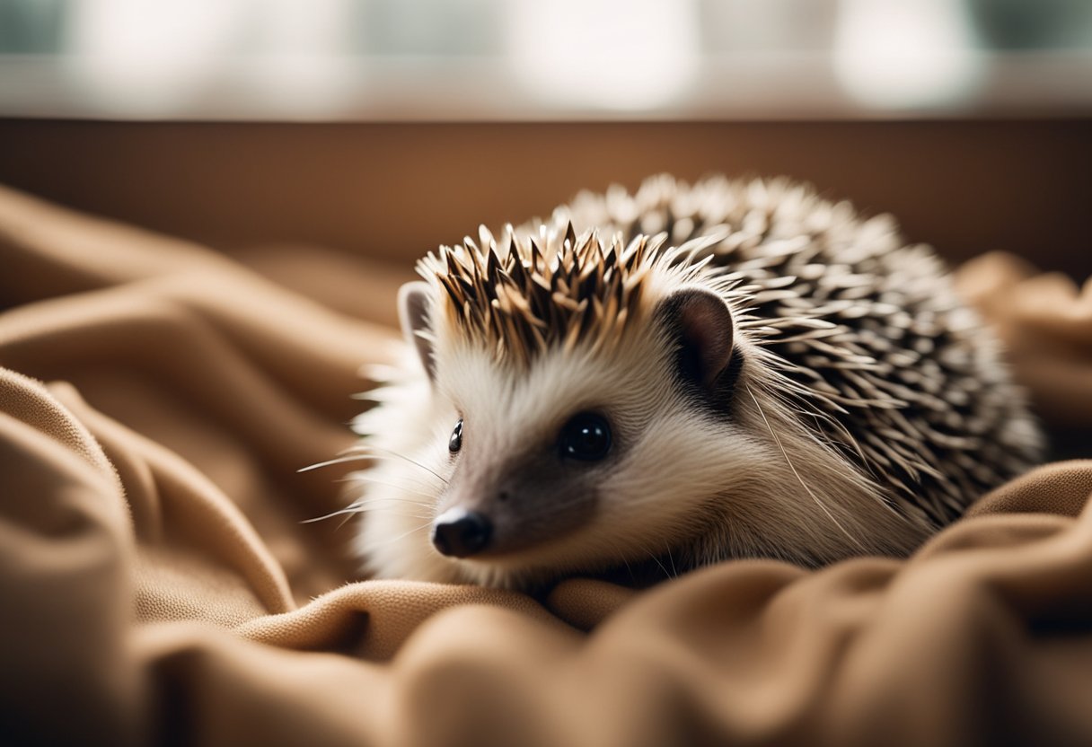 A hedgehog snuggles into a cozy bed of soft, fluffy bedding, surrounded by warm, earthy tones and a sense of comfort
