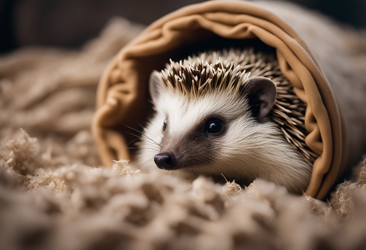 A hedgehog curled up in a cozy bed of soft, dry bedding material, with a curious expression on its face
