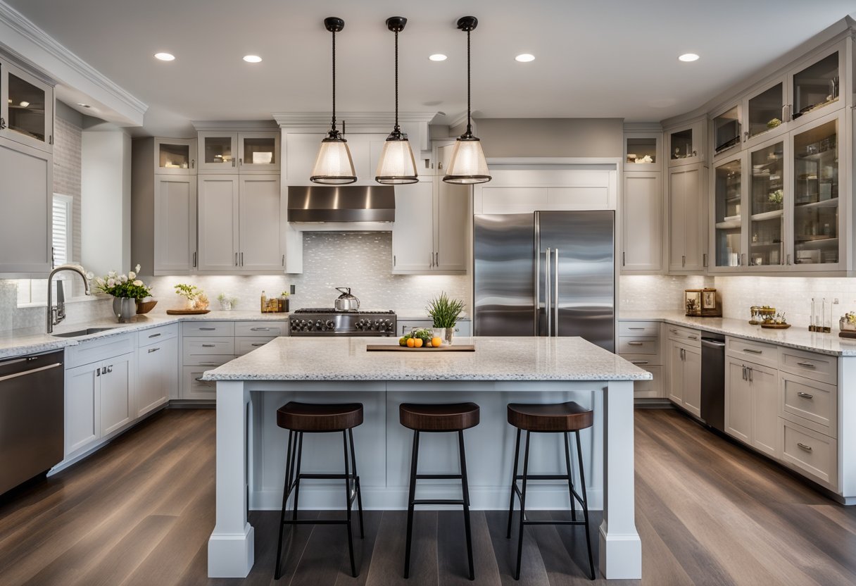 A modern kitchen with sleek white cabinets, granite countertops, and stainless steel appliances. A large island with barstools for seating, and pendant lighting overhead