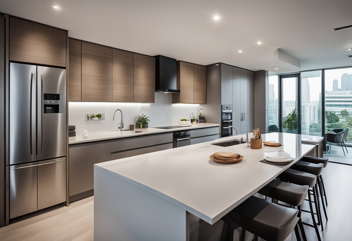A modern 5-room BTO kitchen with sleek cabinets, ample counter space, and integrated appliances