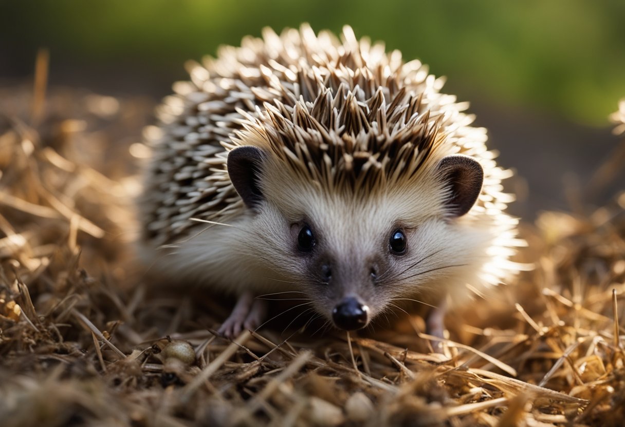 A hedgehog munches on a cricket, its sharp quills and small snout clearly visible