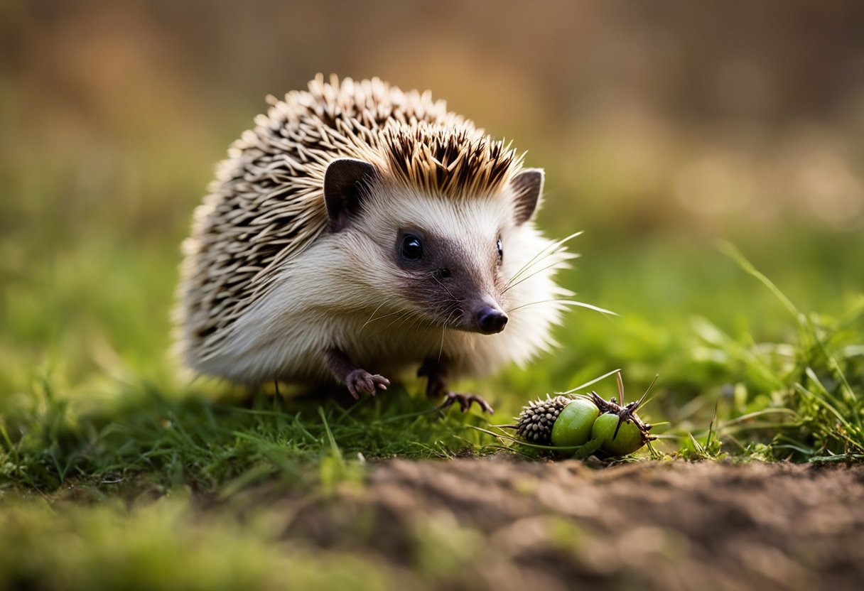 A hedgehog munches on a cricket, its spines raised in curiosity. The cricket's vibrant green body contrasts against the hedgehog's earthy brown fur