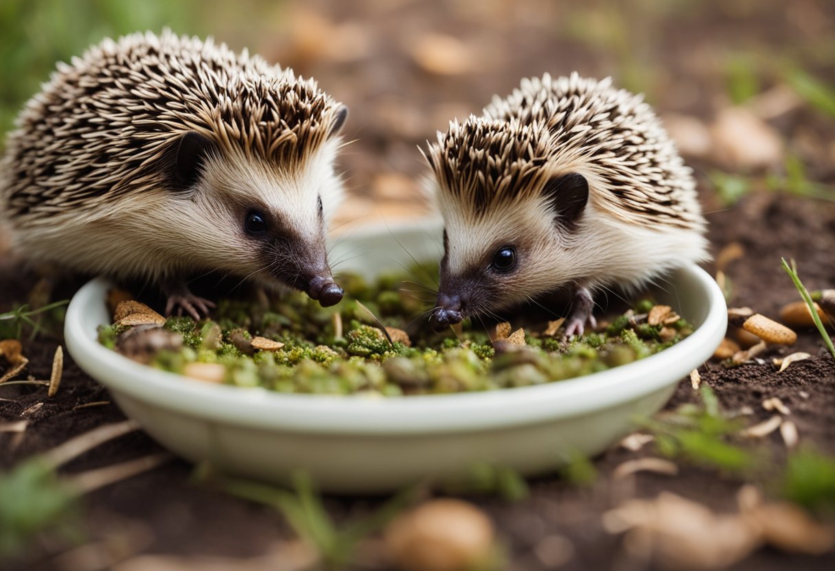 Hedgehogs eating crickets from a bowl on the ground